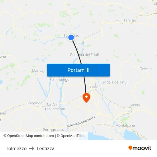 Tolmezzo to Lestizza map