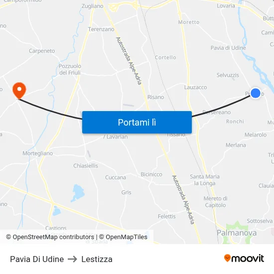 Pavia Di Udine to Lestizza map