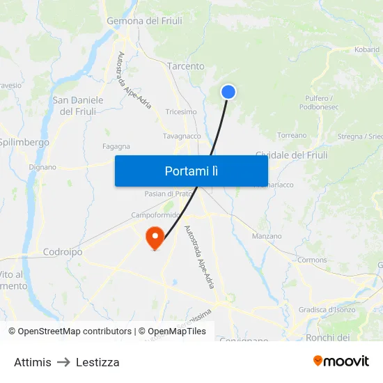 Attimis to Lestizza map