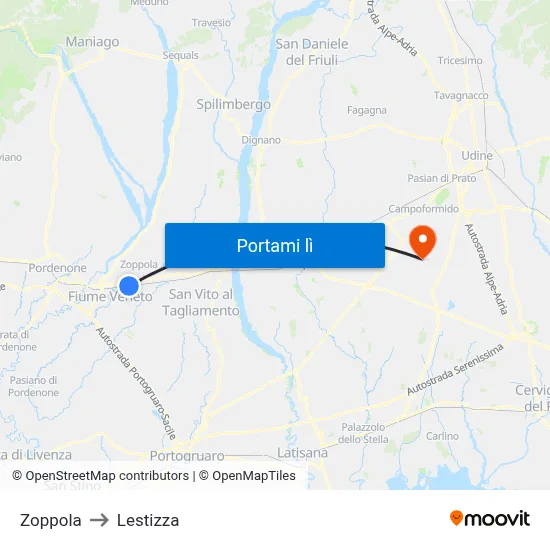 Zoppola to Lestizza map