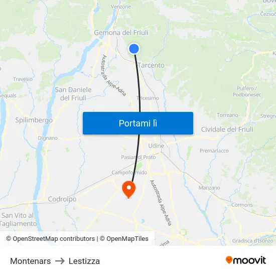 Montenars to Lestizza map