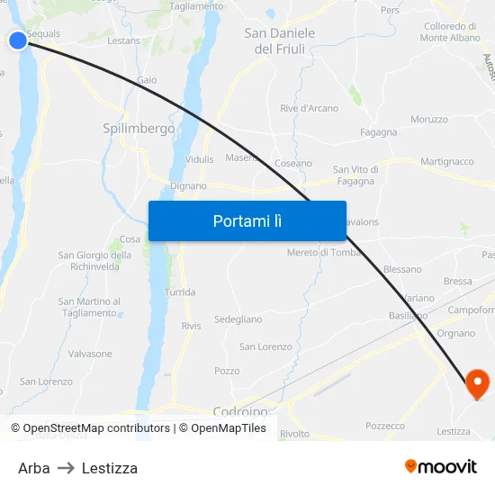 Arba to Lestizza map