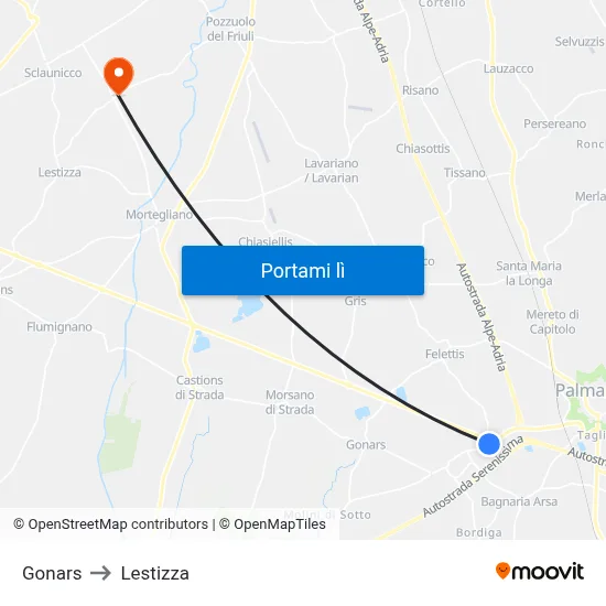 Gonars to Lestizza map