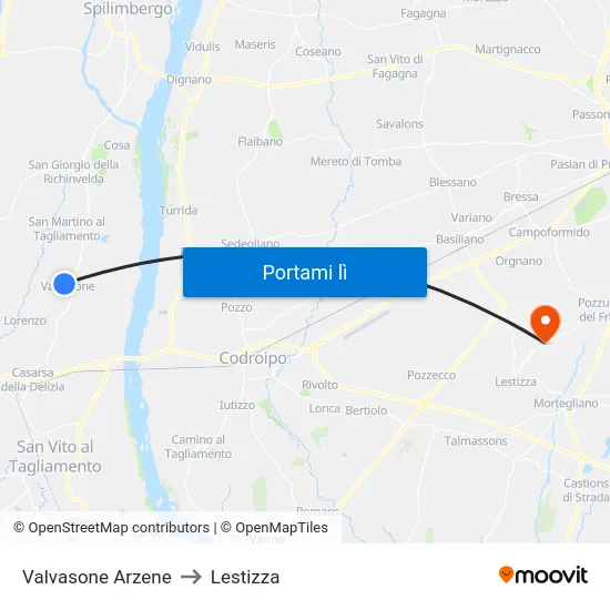 Valvasone Arzene to Lestizza map