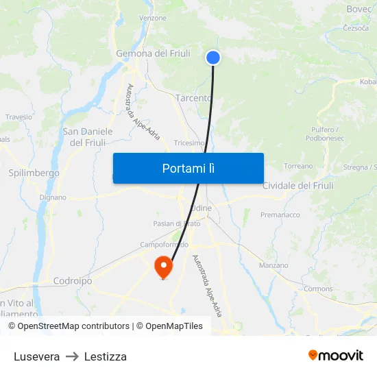 Lusevera to Lestizza map