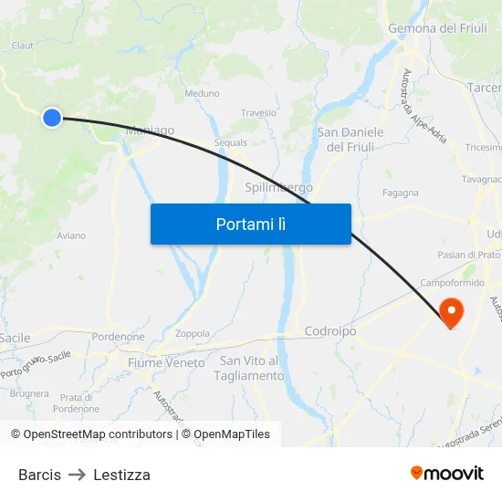 Barcis to Lestizza map