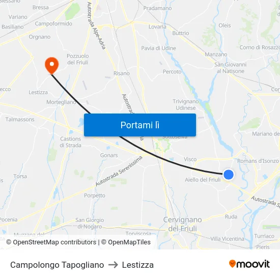 Campolongo Tapogliano to Lestizza map