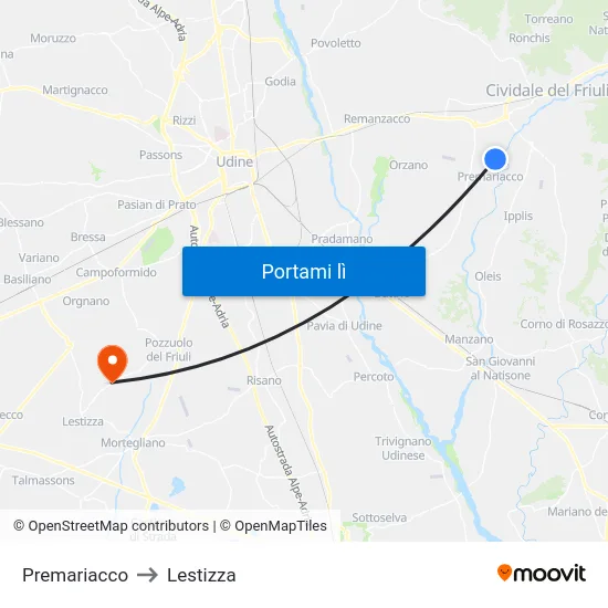 Premariacco to Lestizza map