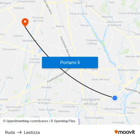 Ruda to Lestizza map