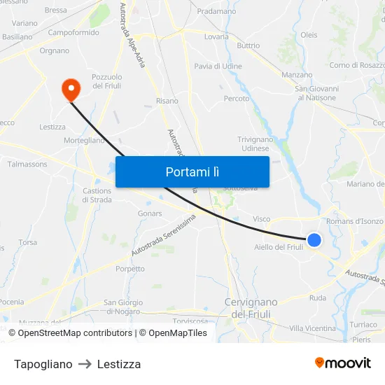 Tapogliano to Lestizza map