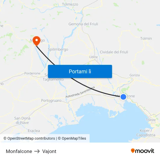 Monfalcone to Vajont map