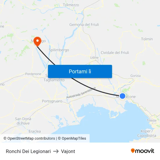 Ronchi Dei Legionari to Vajont map