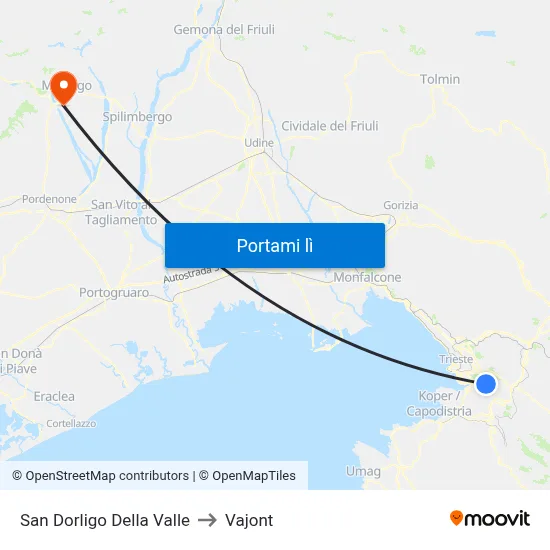 San Dorligo Della Valle to Vajont map