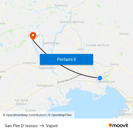 San Pier D' Isonzo to Vajont map