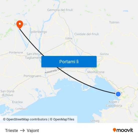 Trieste to Vajont map