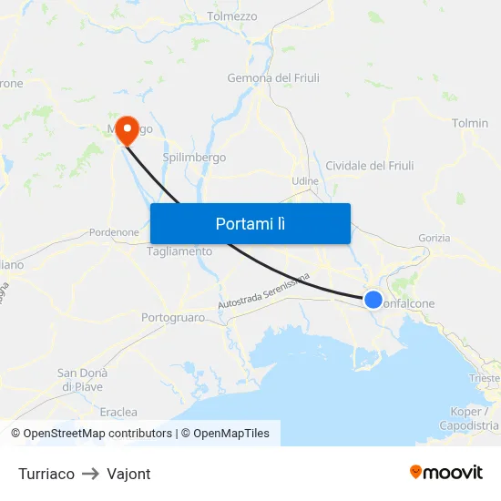 Turriaco to Vajont map