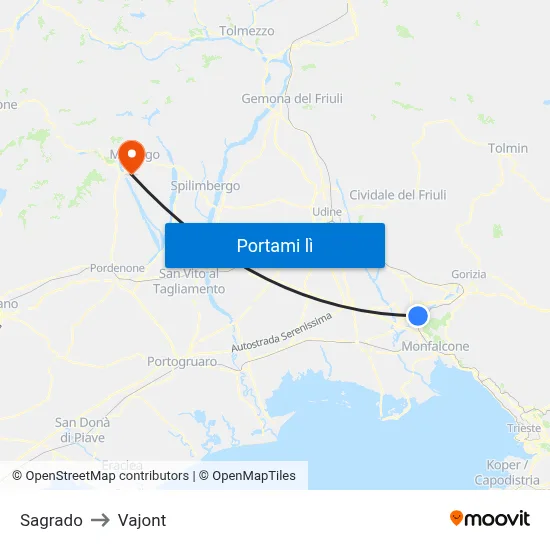 Sagrado to Vajont map