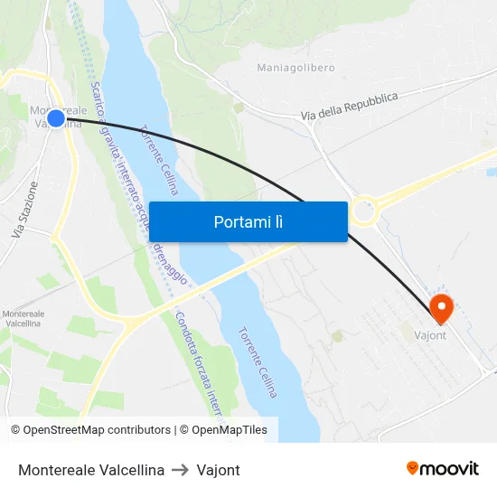 Montereale Valcellina to Vajont map