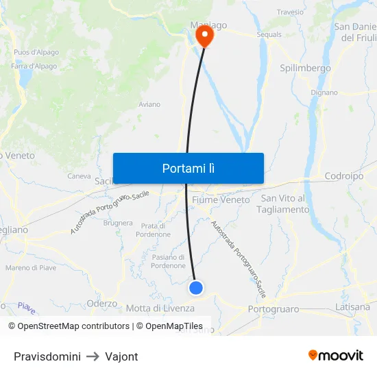 Pravisdomini to Vajont map