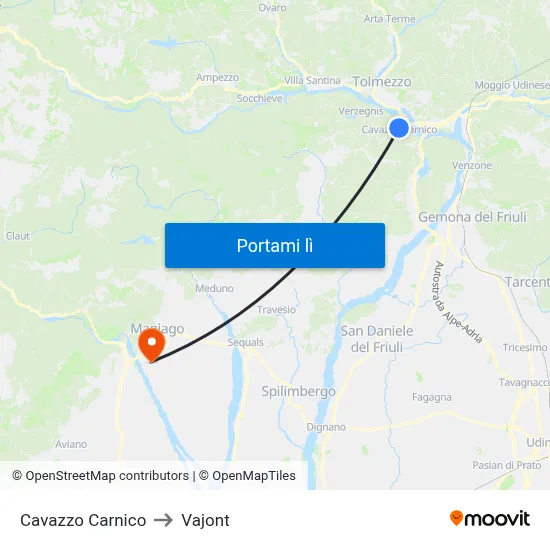 Cavazzo Carnico to Vajont map