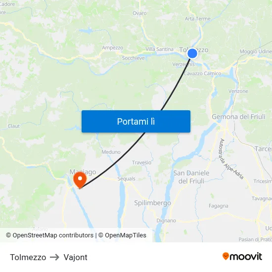 Tolmezzo to Vajont map