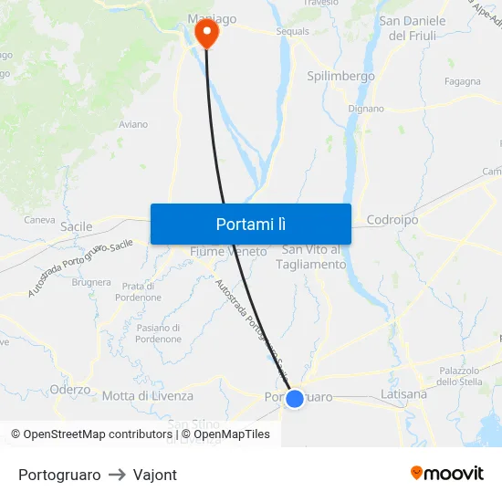 Portogruaro to Vajont map