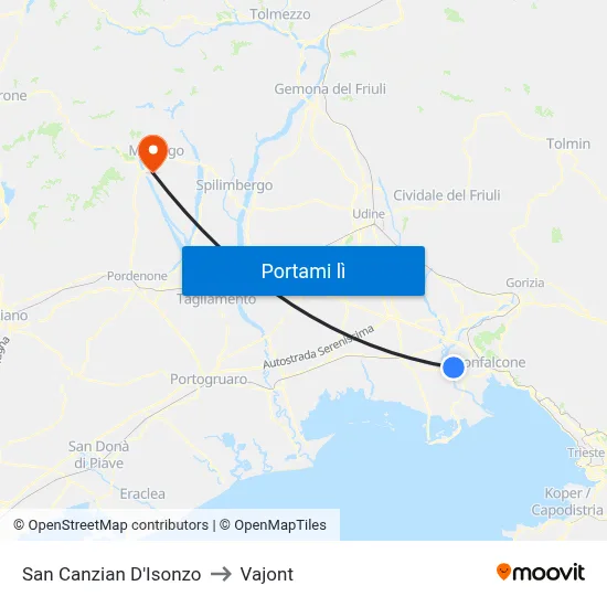San Canzian D'Isonzo to Vajont map