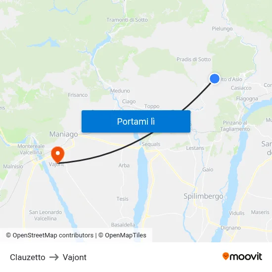 Clauzetto to Vajont map