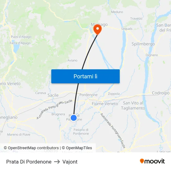 Prata Di Pordenone to Vajont map