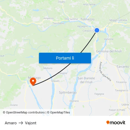 Amaro to Vajont map