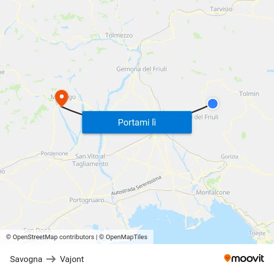 Savogna to Vajont map