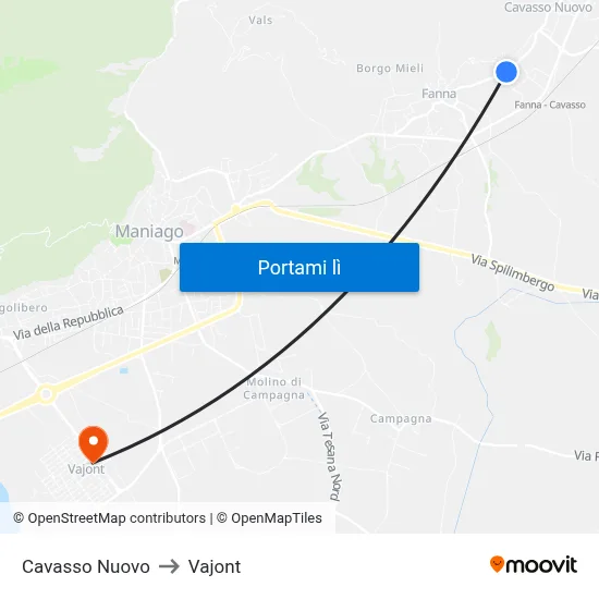 Cavasso Nuovo to Vajont map
