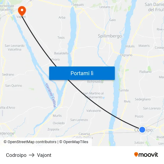 Codroipo to Vajont map