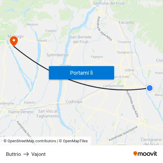 Buttrio to Vajont map