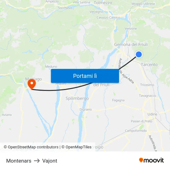 Montenars to Vajont map