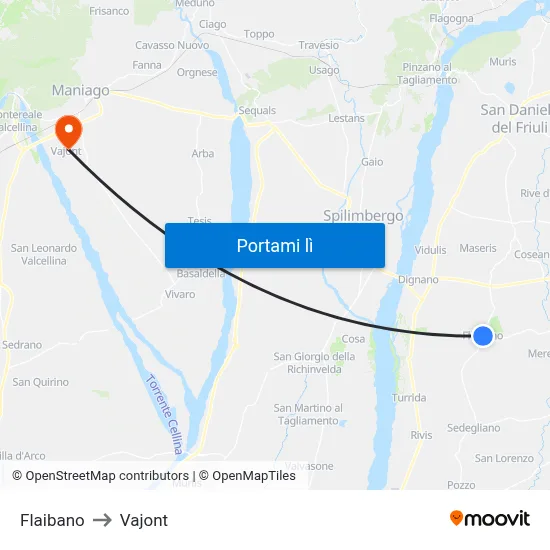 Flaibano to Vajont map