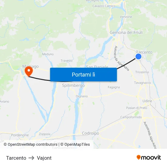 Tarcento to Vajont map