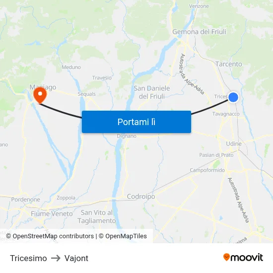 Tricesimo to Vajont map