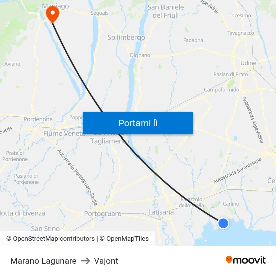 Marano Lagunare to Vajont map