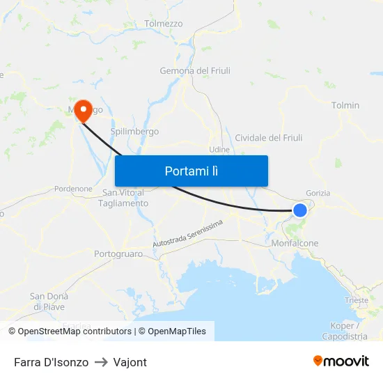Farra D'Isonzo to Vajont map