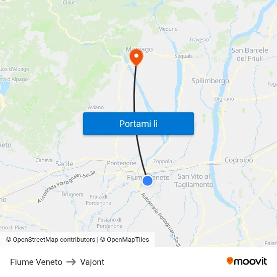 Fiume Veneto to Vajont map
