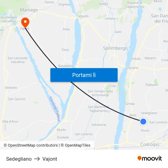 Sedegliano to Vajont map