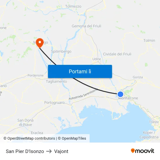 San Pier D'Isonzo to Vajont map