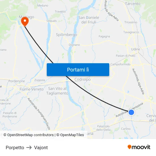 Porpetto to Vajont map