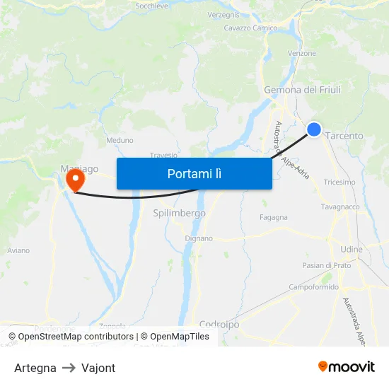 Artegna to Vajont map