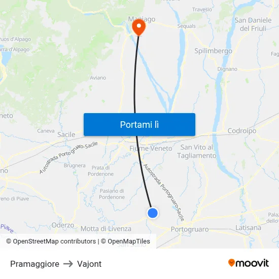 Pramaggiore to Vajont map