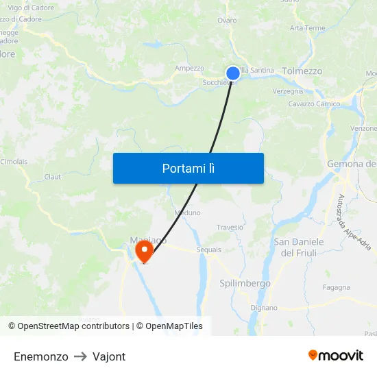 Enemonzo to Vajont map