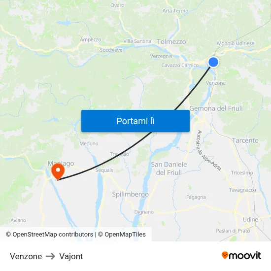 Venzone to Vajont map