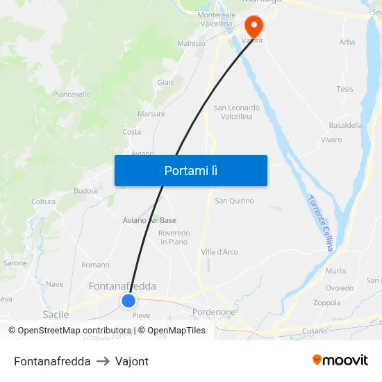 Fontanafredda to Vajont map