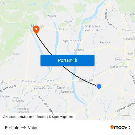 Bertiolo to Vajont map